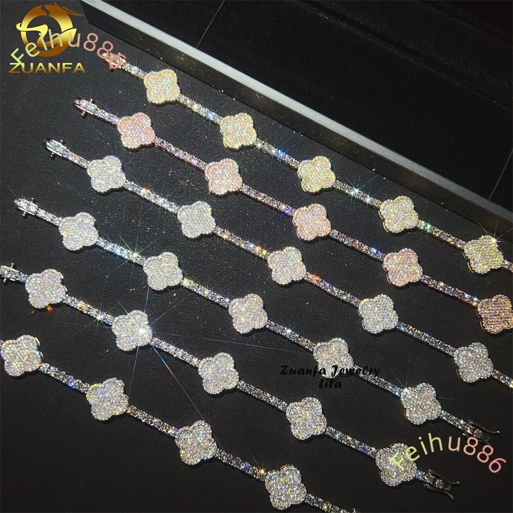 Pass Diamond Tester Fast Shipping New Design 925 Sterling Silver Clover Moissanite Tennis Chain Bracelet