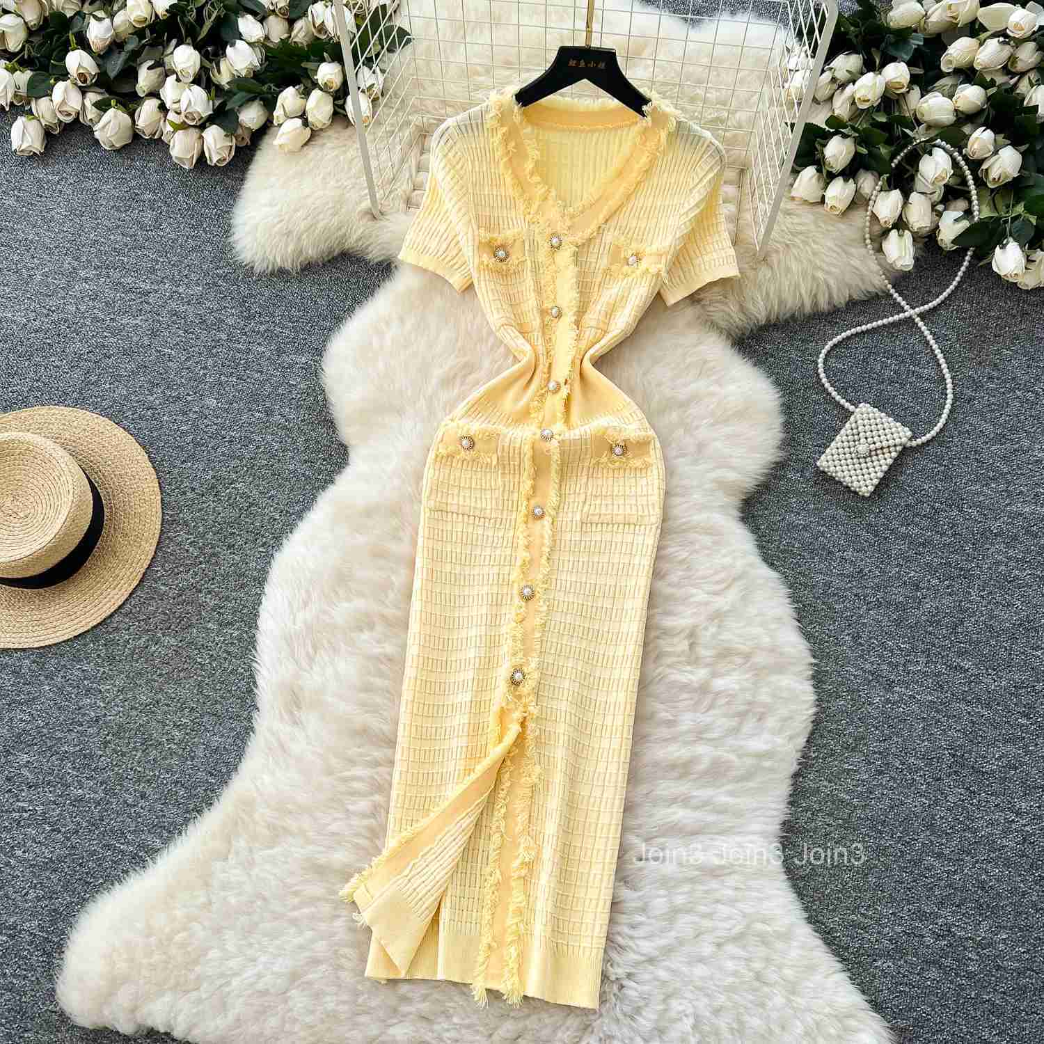 Womens Fashion V-Neck Button Knit Sweater Dress Summer Elegant Short Sleeve Solid Color Midi Casual Sheath Dress Yellow