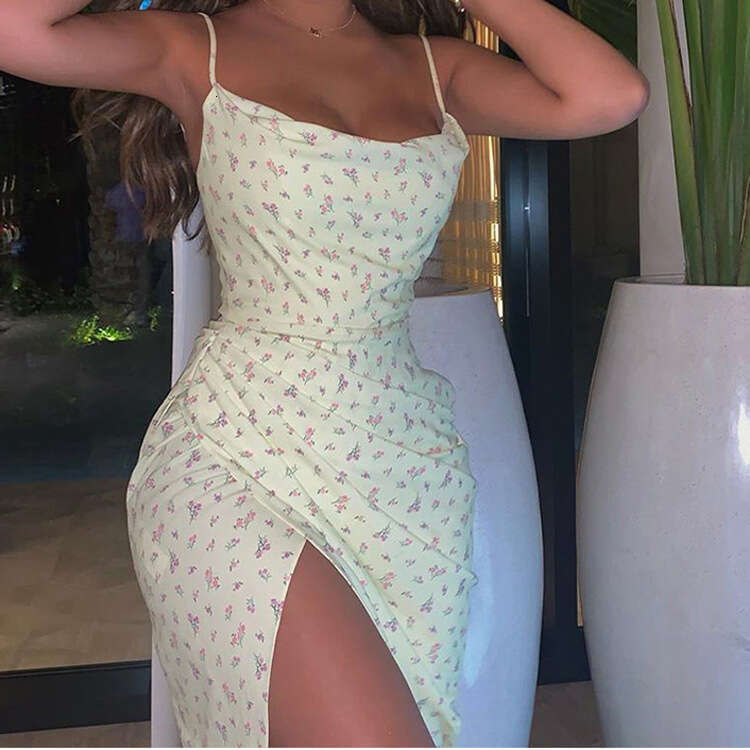 Summer New Style Floral Print Elegant Ruched Slit Strap Dress For Women 661 B5
