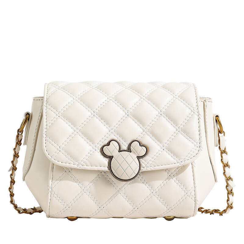 DHessentials 2024 New Diamond Pattern Small Gold Bead Metal Chain Embroidery Thread Lock Buckle Personalized Solid Color PU Daily Women's Shoulde