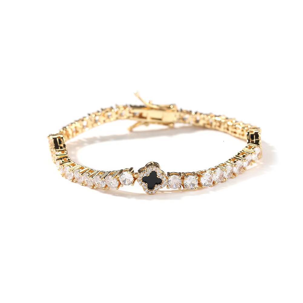 2025 New Arrival Ins Black Clover Tennis Chain Necklace Moissanite Gold Plated Unique Design Fashion Jewelry 4 Leaf Tennis Bracelet