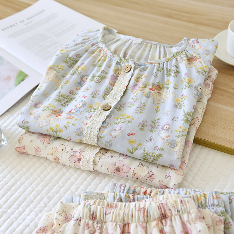 Spring and summer cotton double-layer gauze pajama set for home wear, soft digital printed breathable cartoon home wear set