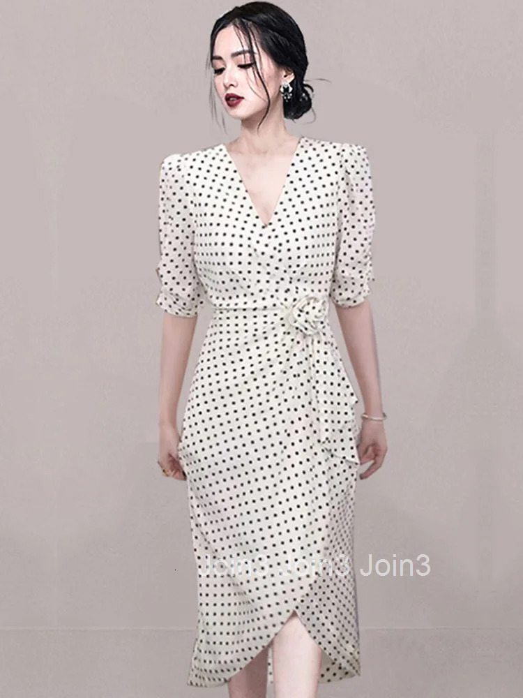 Elegant Party Dress Summer V-Neck Half Puff Sleeves High Waist Line Bow Decoration Polka Dots Women Temperament Dress