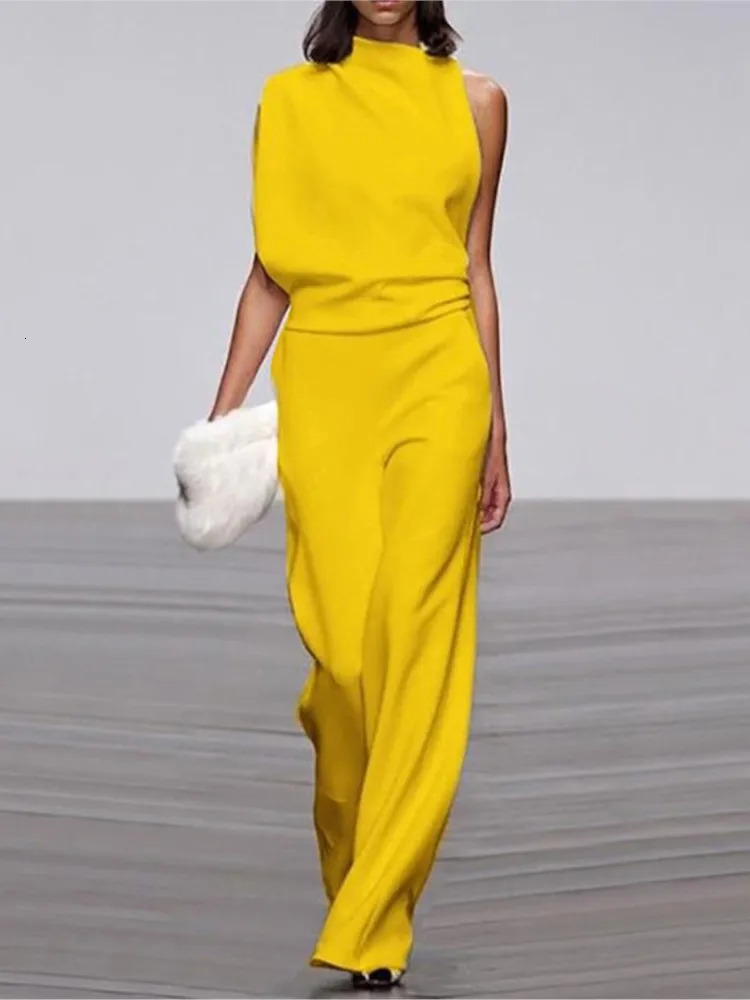 Solid Color Irregular Sleeveless Jumpsuits Women Fashion Temperament Sexy Backless Folds Slightly Flared Jumpsuit Female 2025 250804