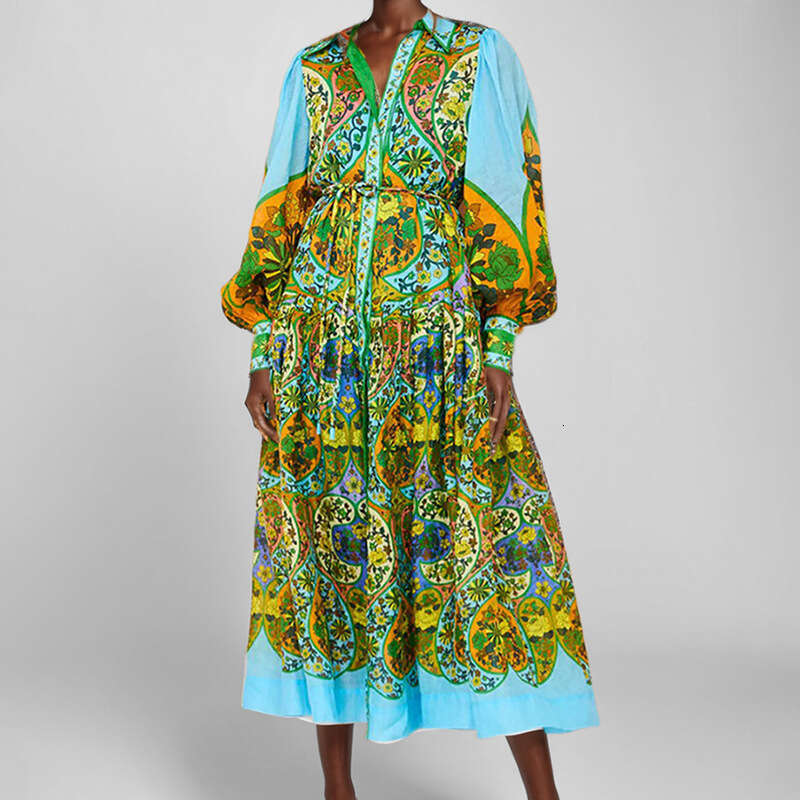 New Women's Clothing Pastoral Style Elegant Printed Lantern Sleeve V-Neck Flared Summer Dress For Women B5