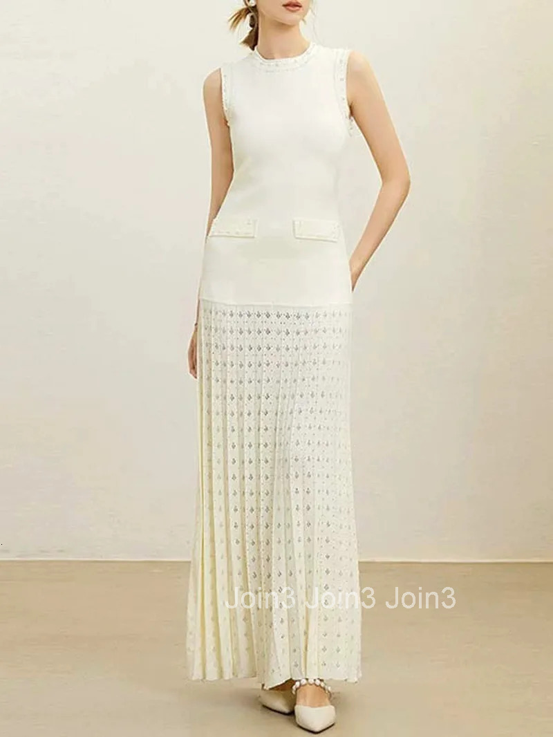 Pearls Decorated Women Round Neck Sleeveless Splicing Knitted Sweater Dress Elegant Or Short Knitted Spring New Women P8QA