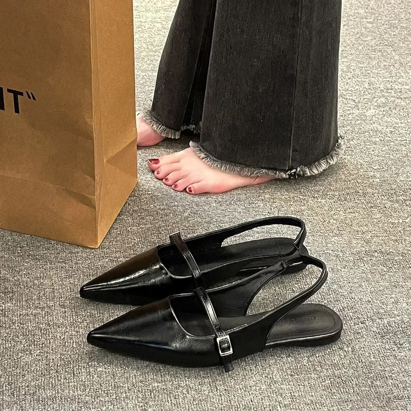 French Flat Black Baotou Sandals Fairy Shoes 2025 Spring and Summer Pointy Diamond Temperament Single Shoes Zapatos De Mujer 250731