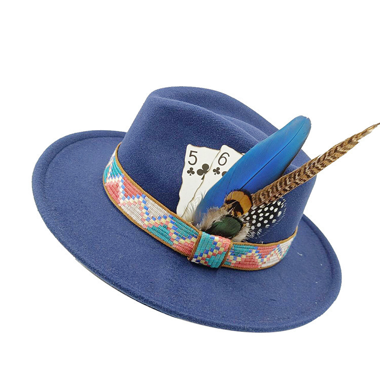 Feather Fedoras Hat Mens and Womens Black Felt Wide Brim Jazz Hat Gentlemens Hat Plum Blossom 8 Poker Card n Fedora Hat 240919