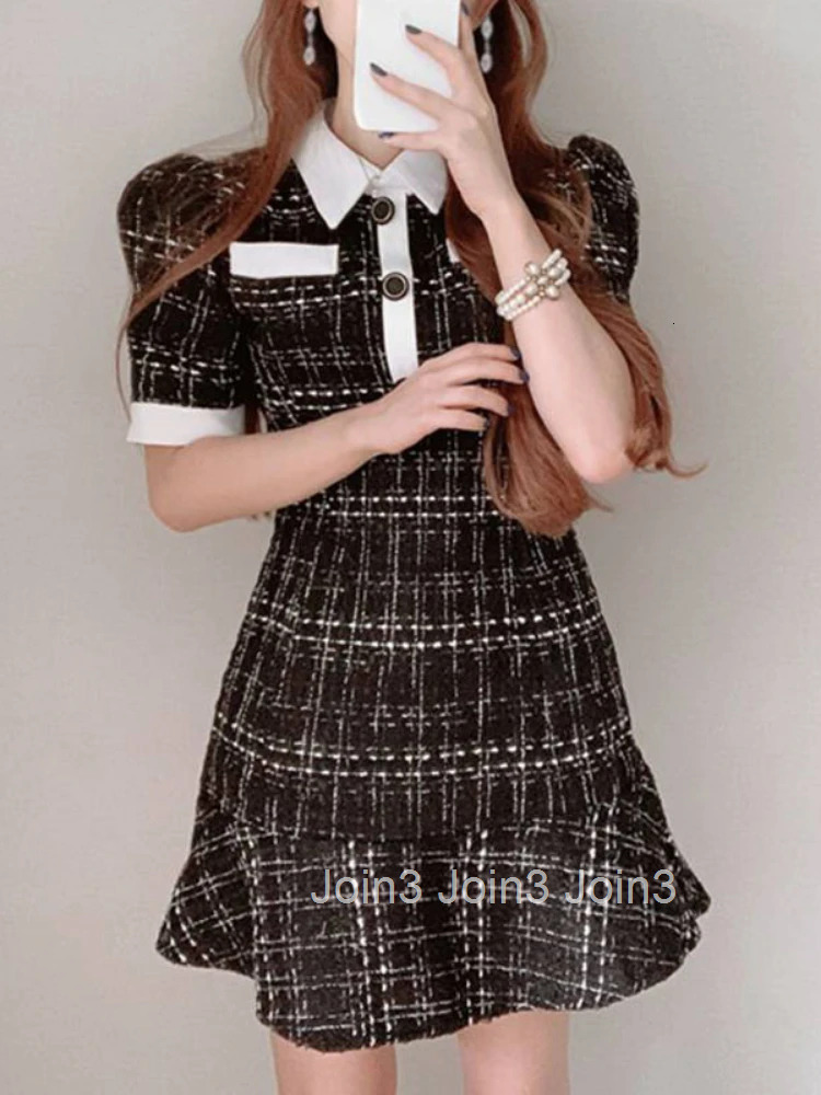 OCEANLOVE Spring Summer Women Dresses Plaid Vintage Korean Chic Office Lady Vestidos Ruffles Short Sleeve Elegant Mini Dress