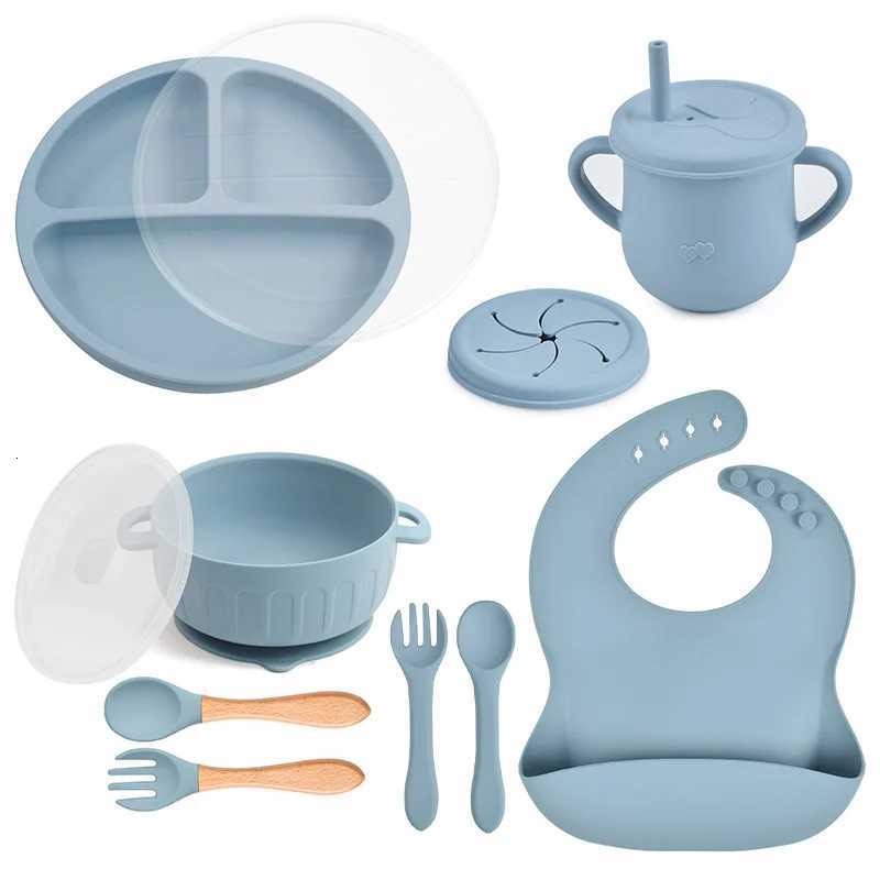 10pcs/Set Baby Childrens Tableware Feeding BPA Free Solid Color Food Plates Sucker Dishes Spoon Fork Sippy Cup Baby Supplies X250806