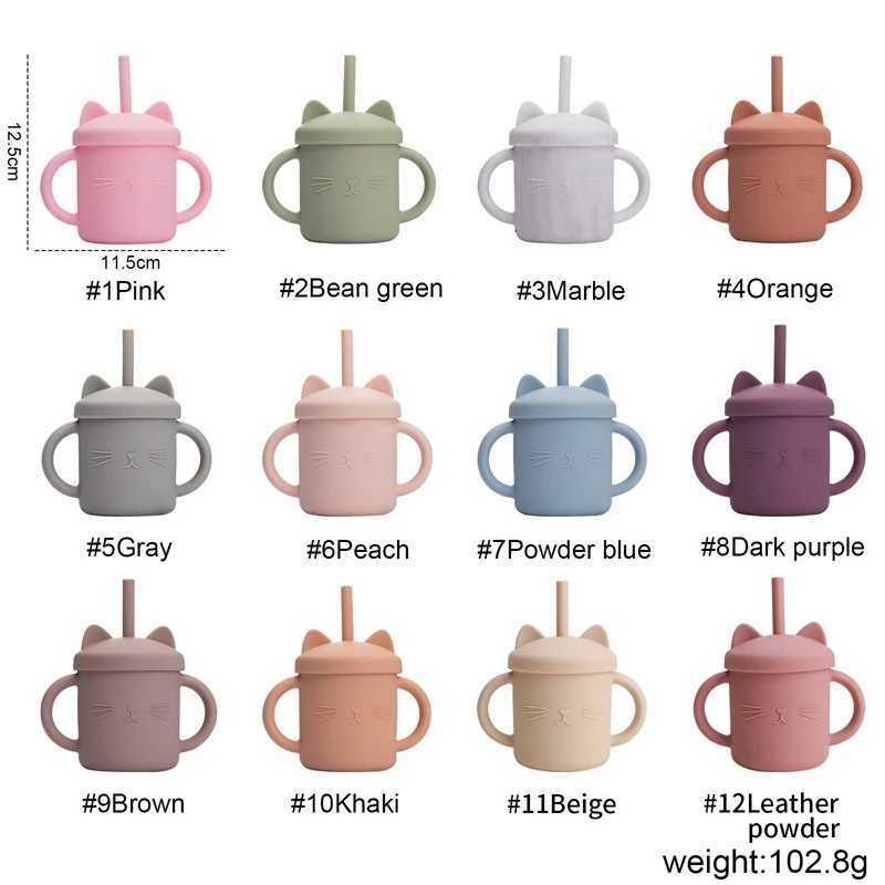Baby Food Grade Feeding Cup Kid Double Handle Design Cute Cat Styling Straw Bottle Anti-Hot Leakproof Baby Silicone Feeding Cups X2508061