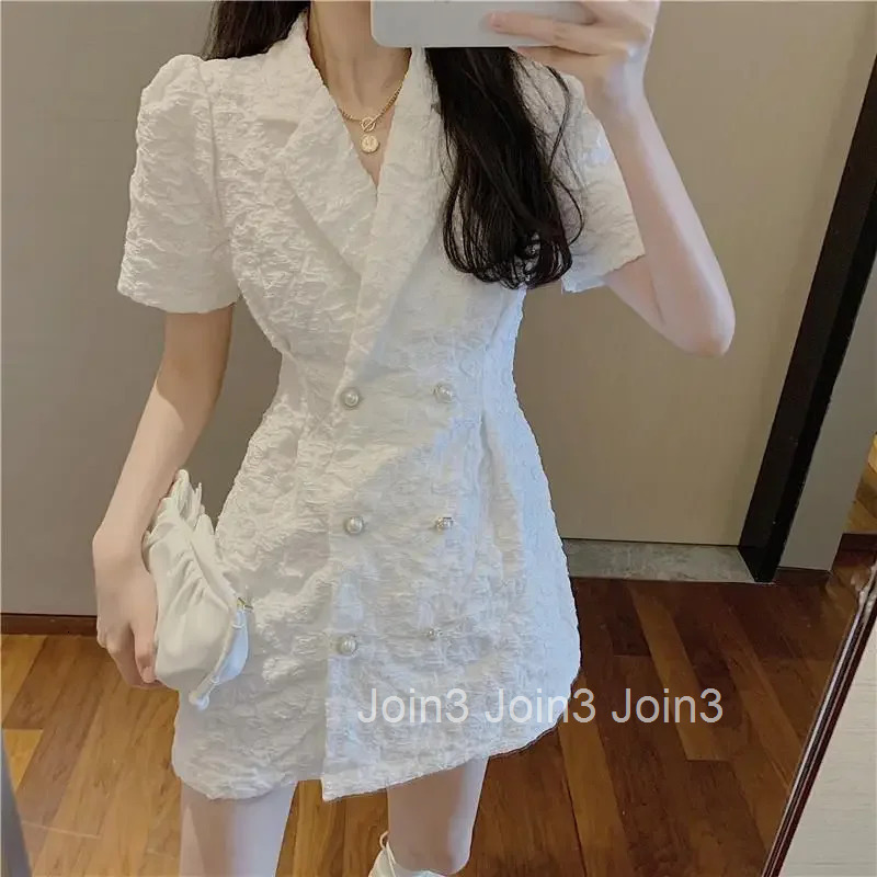 Summer Hot Sale Of The Season White French Style Suit Dress Slimming Short Sleeve Bubble Sleeve Waist Cinched Womens Dress Eleg