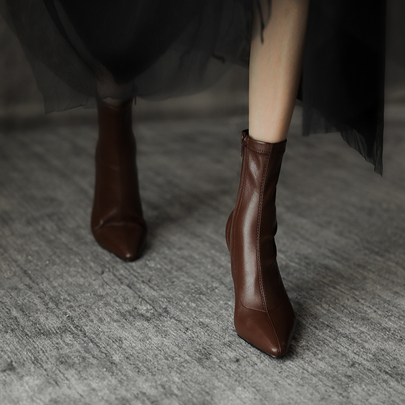 Internet Celebrity Slim Boots Pointed Toe High Heel Boots Short Boots Women 2025 Autumn Winter Single Boots Ins Sexy Chunky Heel Stretch Boots