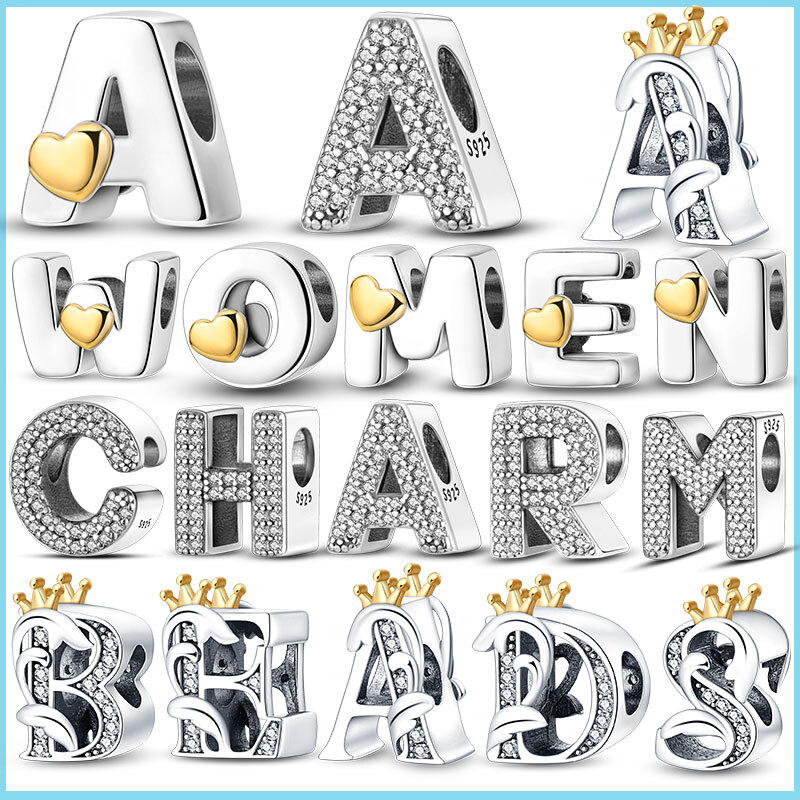 Fit Original Bangle Bracelet DIY A-Z Alphabet Charms Bead 925 Sterling Silver CZ Zircon LOVE Letter Dangle Pendant Jewelry Gift
