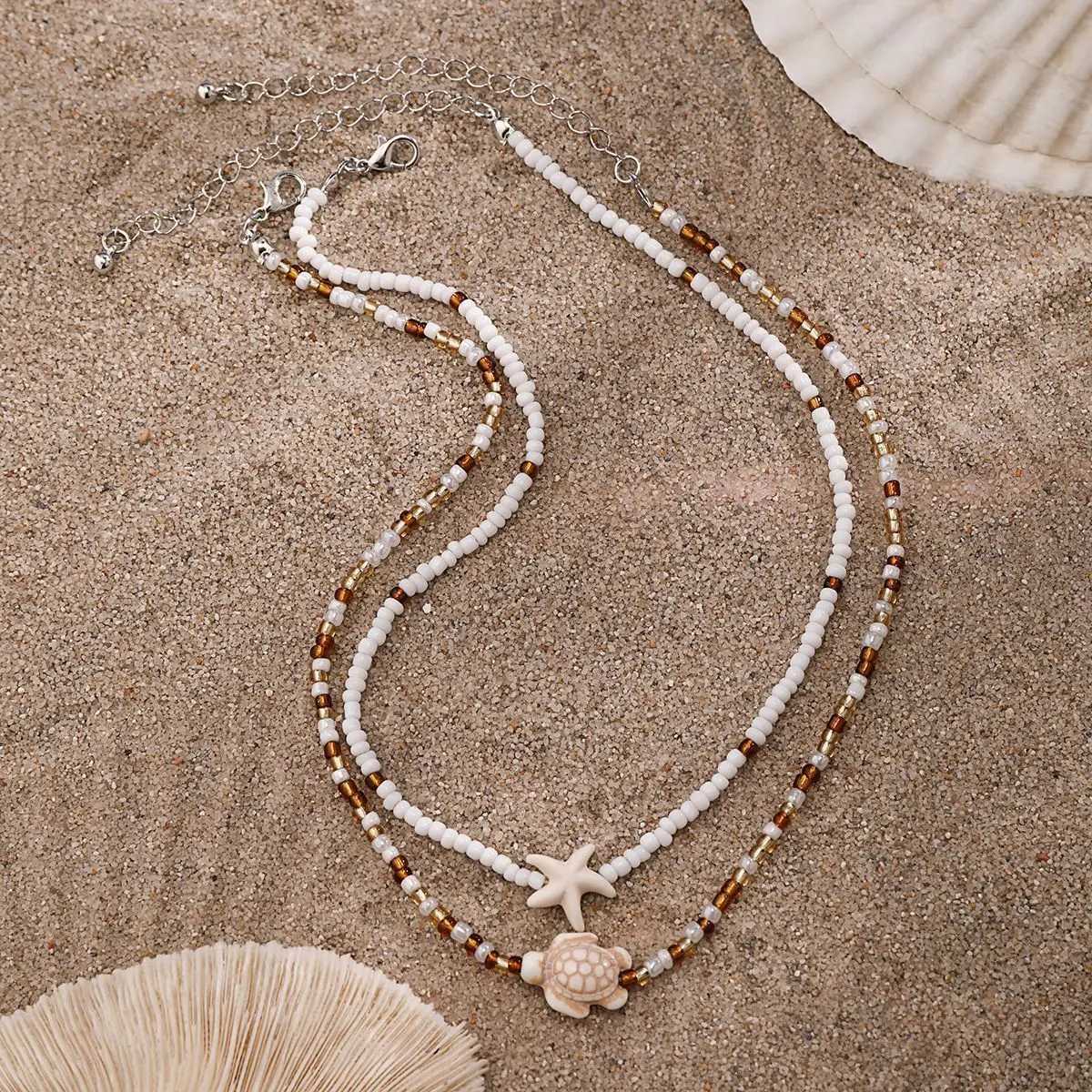 Layered Beads Chains with Starfish Turtle Choker Necklace for Women Trendy Neckwear 2025 Fashion Jewelry Female Y250805