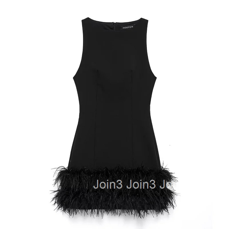 TRAF Elegant Mini Dresses Womens Feather Sleeveless Short Dresses Fashion Casual Party Evening Black Dress Vestidos