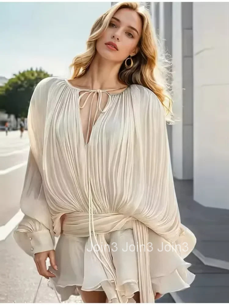 Elegant Ruched Mini Dress For Women Round Neck Lantern Long Sleeve High Waist Temperament Dresses Female Fashion CLOTHING