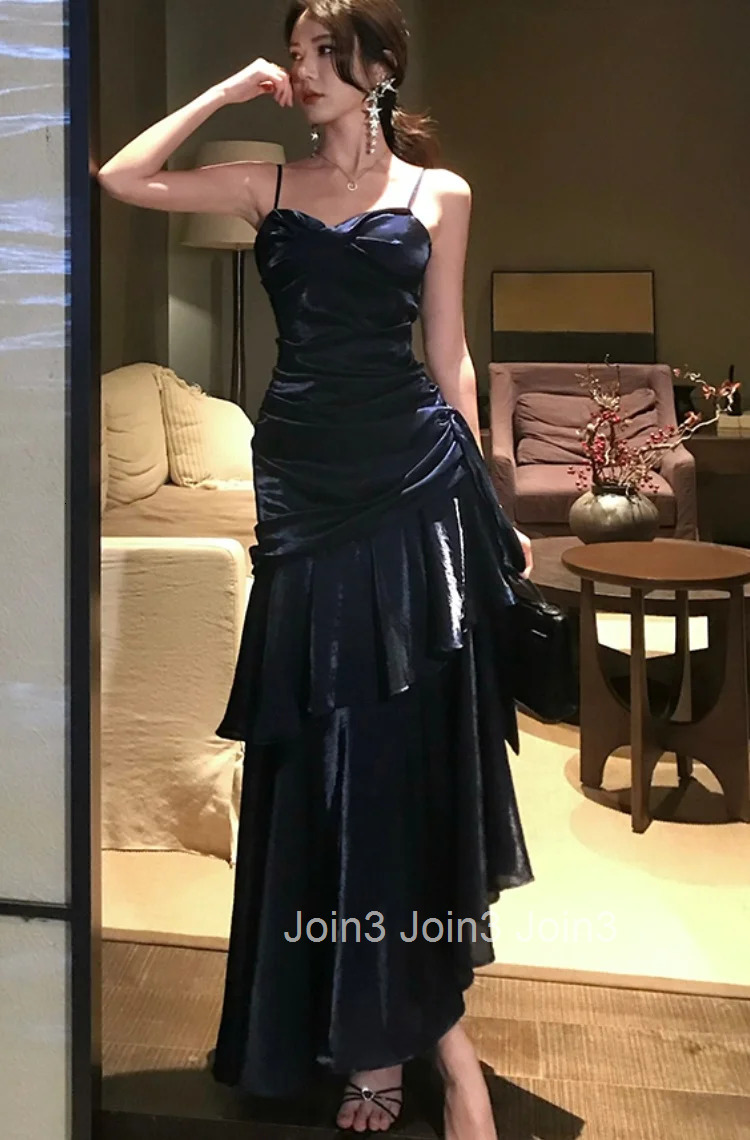 Elegant Spaghetti Strap Ruffles Womens Evening Dresses Fashion Princess Party Sleeveless Dress Summer Slim Waist Vestidos