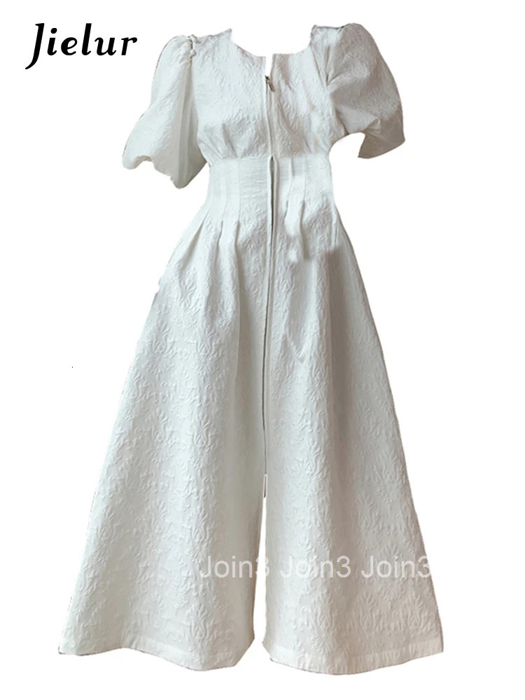 Jielur Vintage French Holiday White Dress Short Puff Sleeves Zipper Front A Line Slim Dress Elegant Party Dress Summer