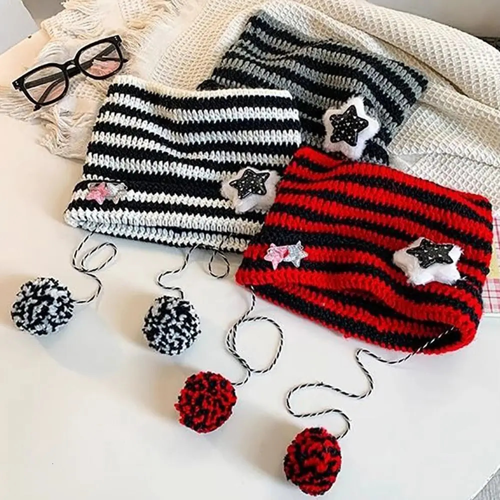 Y2K Beanie Hat Ins Devil Ear Striped Knitted Wool Cap Autumn Winter Hip-hop Crochet Cute Cat Ears Pointed Pullover Womens Hats 250806