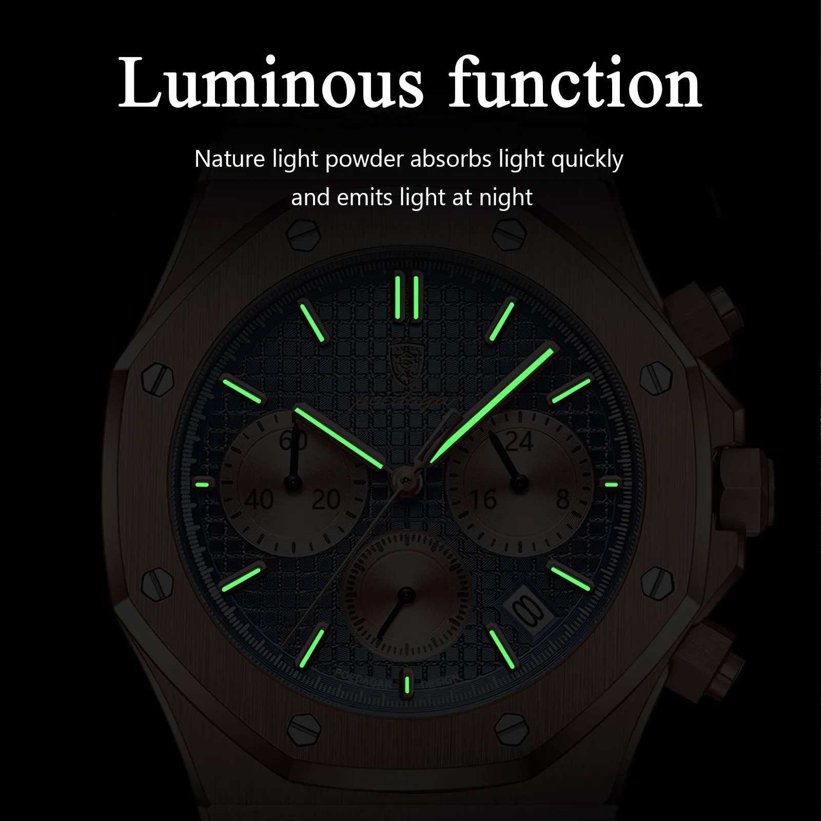 POEDAGAR Luxury Mens Stainless Steel Date Chronograph Male Waterproof Luminous Military Quartz Wristwatch for Men W250806