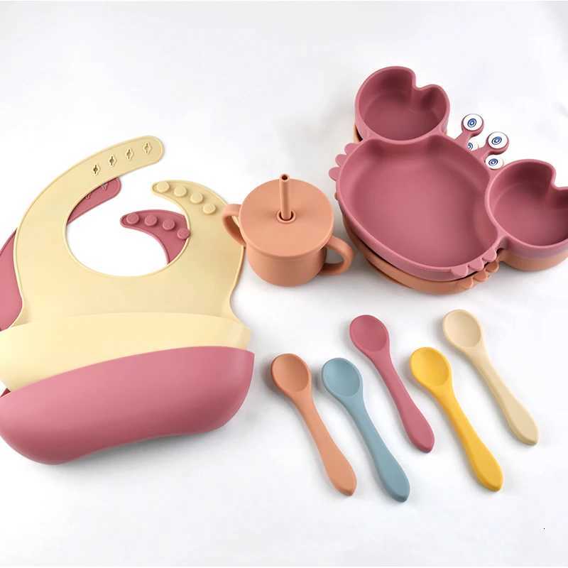 8-Piece Set Childrens Tableware 100% Food Grade Silicone Baby Bib Cups Forks Spoons Divided Plates Impact Resistant Tableware X250806