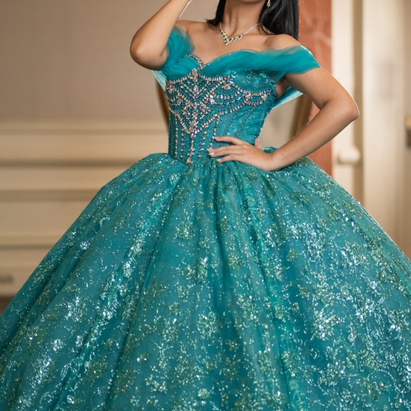 Blackish Green Shiny Quinceanera Dresses Ball Gown Off The Shoulder Sequin Applique Beads Tull Party Birthday Sweet 16 Dress Vestidos 15 Anos