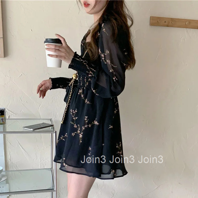 Women Sexy Black Chiffon Dress Spring Vintage Flower Long Puff Sleeve Dresses Korean Casual Mini Vestidos Elegant Clothes 13676