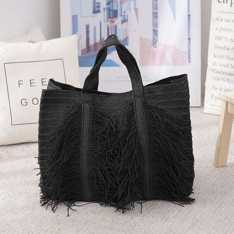 OLOEY Tassel Paper Women's Large Capacity Hand Woven Handbag Pastoral Style Beach Vacation Shoulder Bag