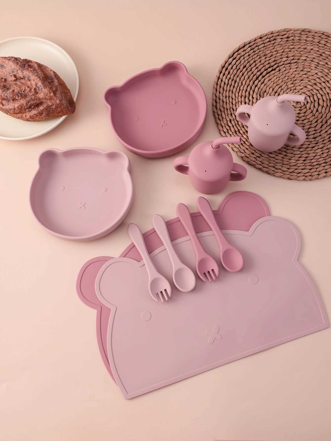 5PCS Silicone Baby Feeding Set Bear Design Suction Plate Bowl Spoon Fork Cup BPA Free Toddler Essentials Non-Slip Weaning X250806
