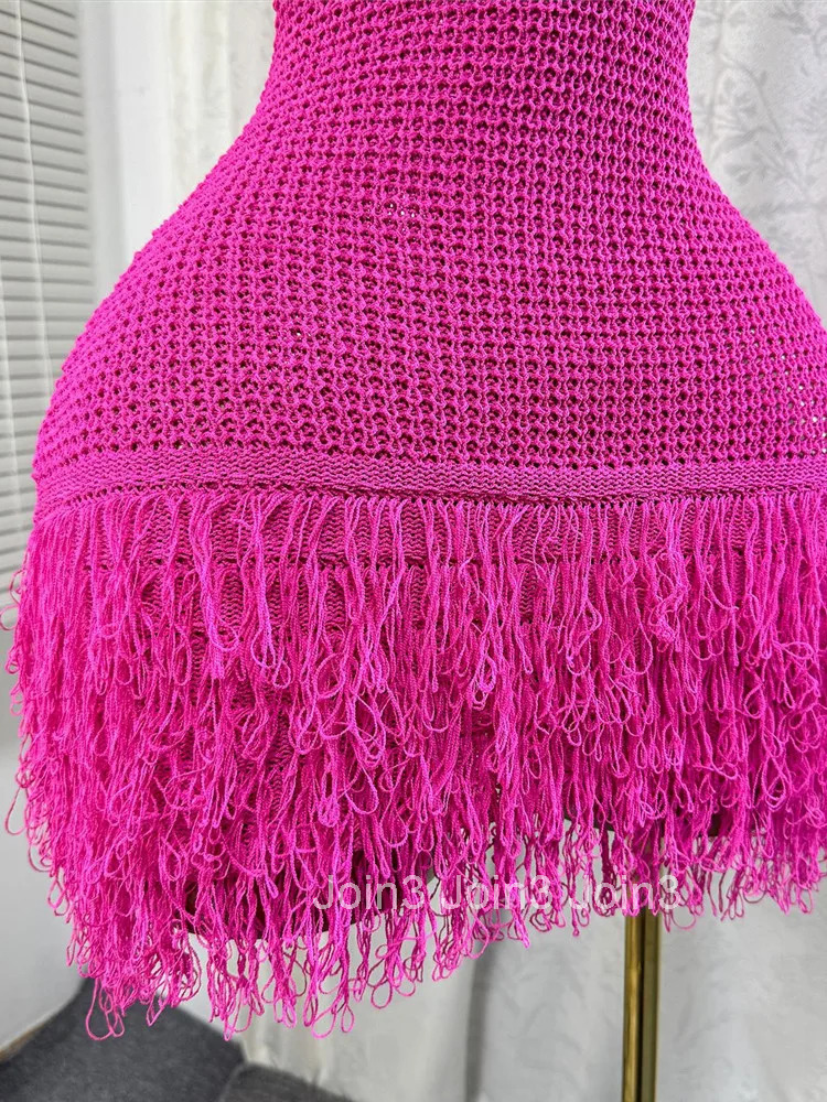 Joskaa Summer Women Elegant Round Neck Sleeveless Tassels Hem Bodycon Mini Knitted Dress Holiday Beach Party Clubwear