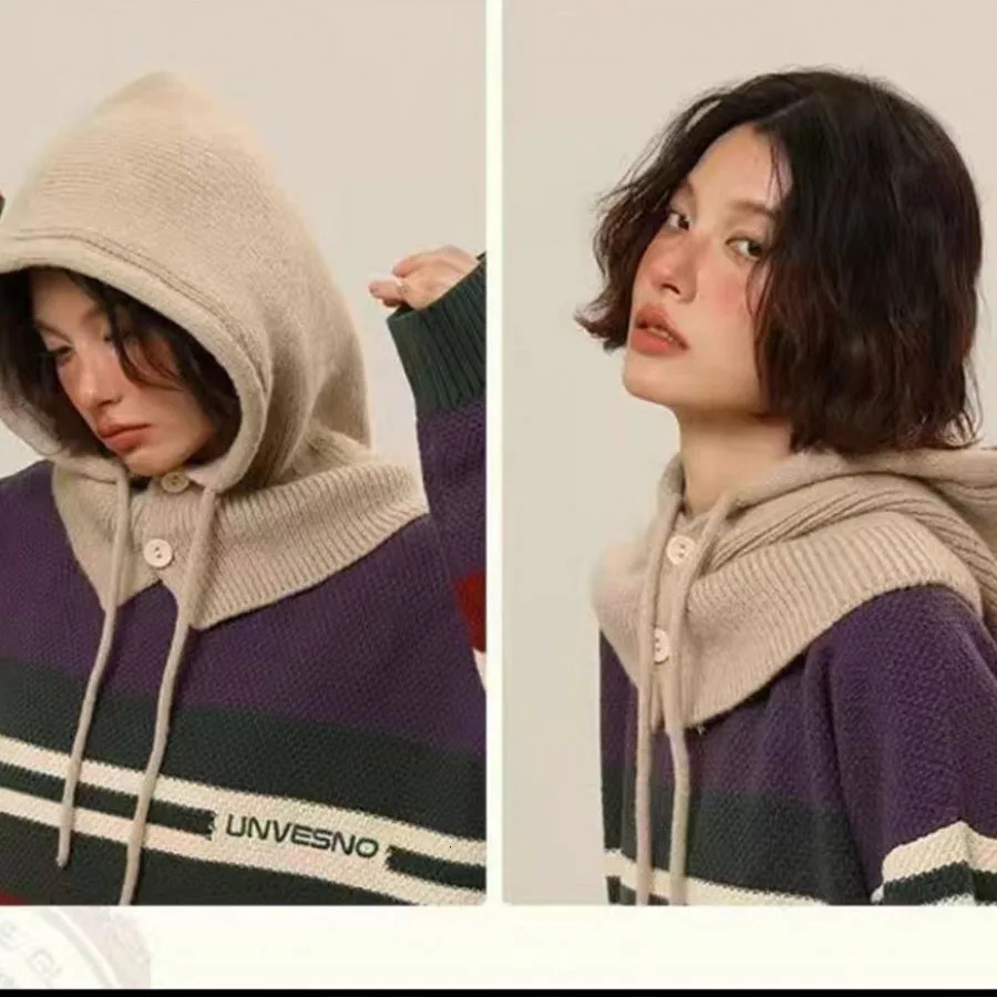 Winter Fashion Knitted Hooded Hat Women Grey Neck Cover Balaclava Beanies Korean Trend Y2k Wool Pullover Hat 250806