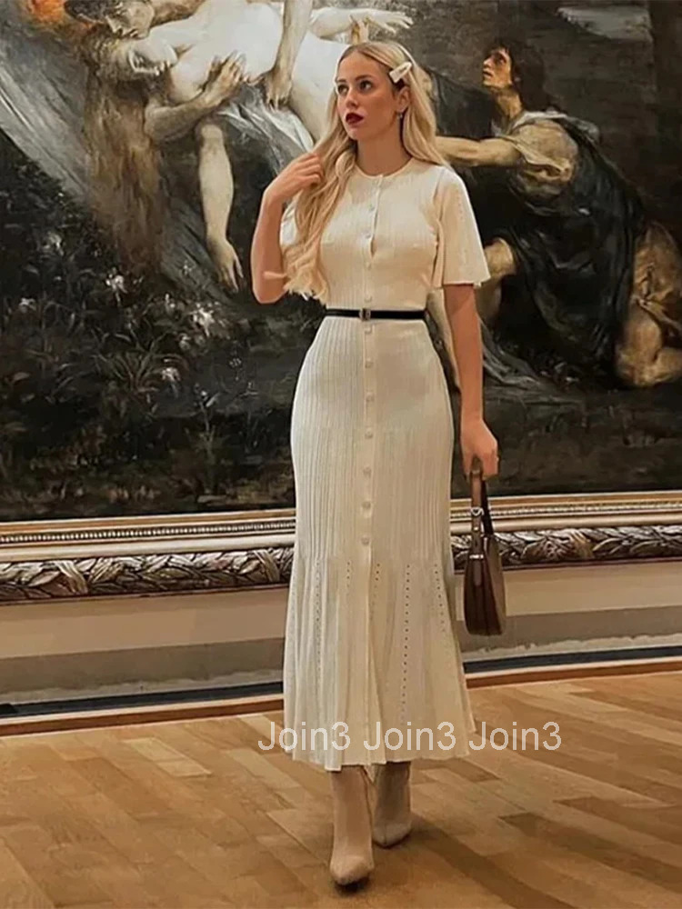 Knit Solid Womens Dress Short Sleeve O Neck Lady Dresses Elegant Summer Single Breasted Hip Package High Waist Female Rube