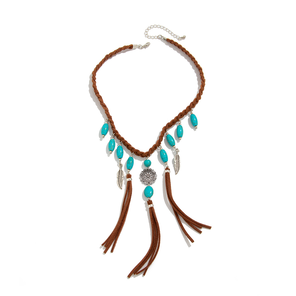 European and American style Bohemian inspired Ethnic Flannelette woven Tassel Necklace with Turquoise Pendant for a Charming Collarbone Look