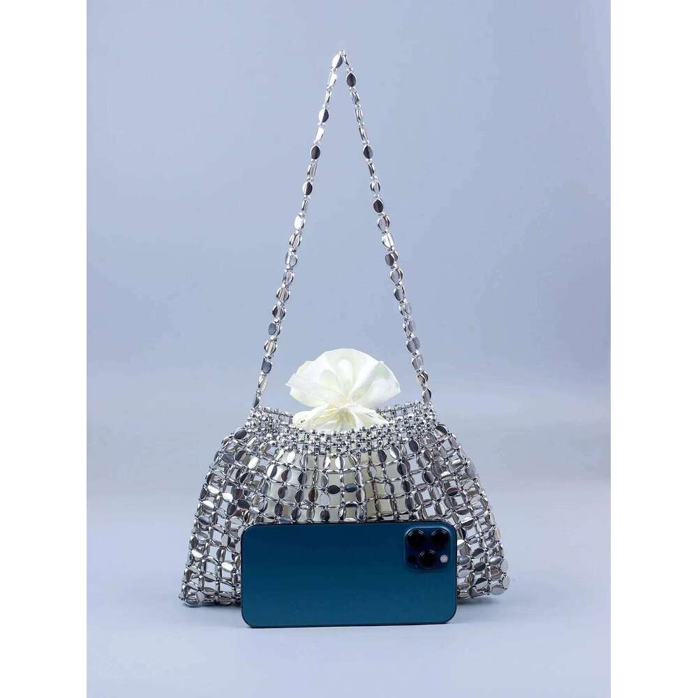 Handmade sier gold flat bead woven large-sized dumpgs fashionable and trendy one shoulder portable beaded bag 240822