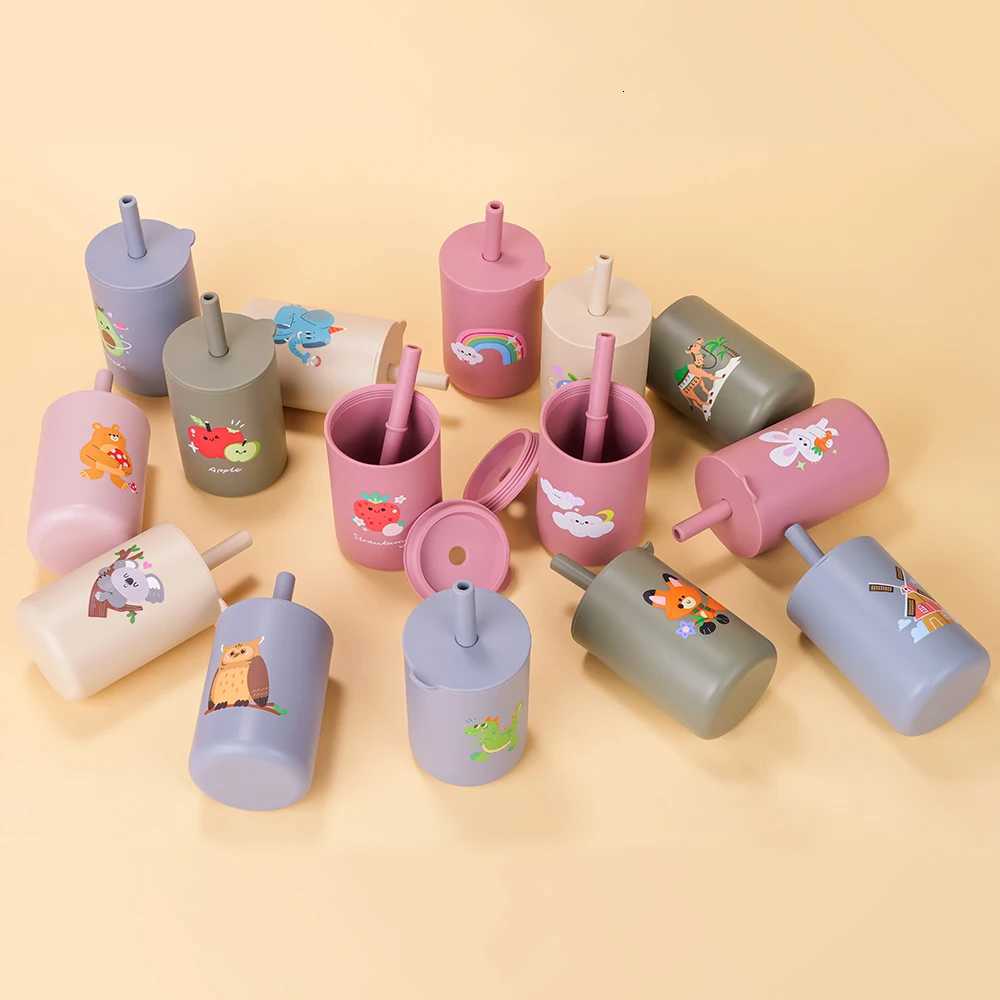 100% Baby Feeding Straw Cup Baby Cartoon Learning Feeding Cup Food Grade Silicone Toddler Water Bottle Tableware BPA Free X2508061