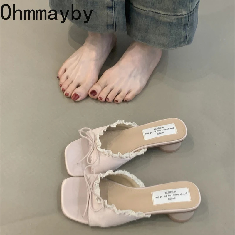 er Summer Butterfly-knot Lace Women Slippers Casual Thick Low Heel Dress Street Style Slides 250731