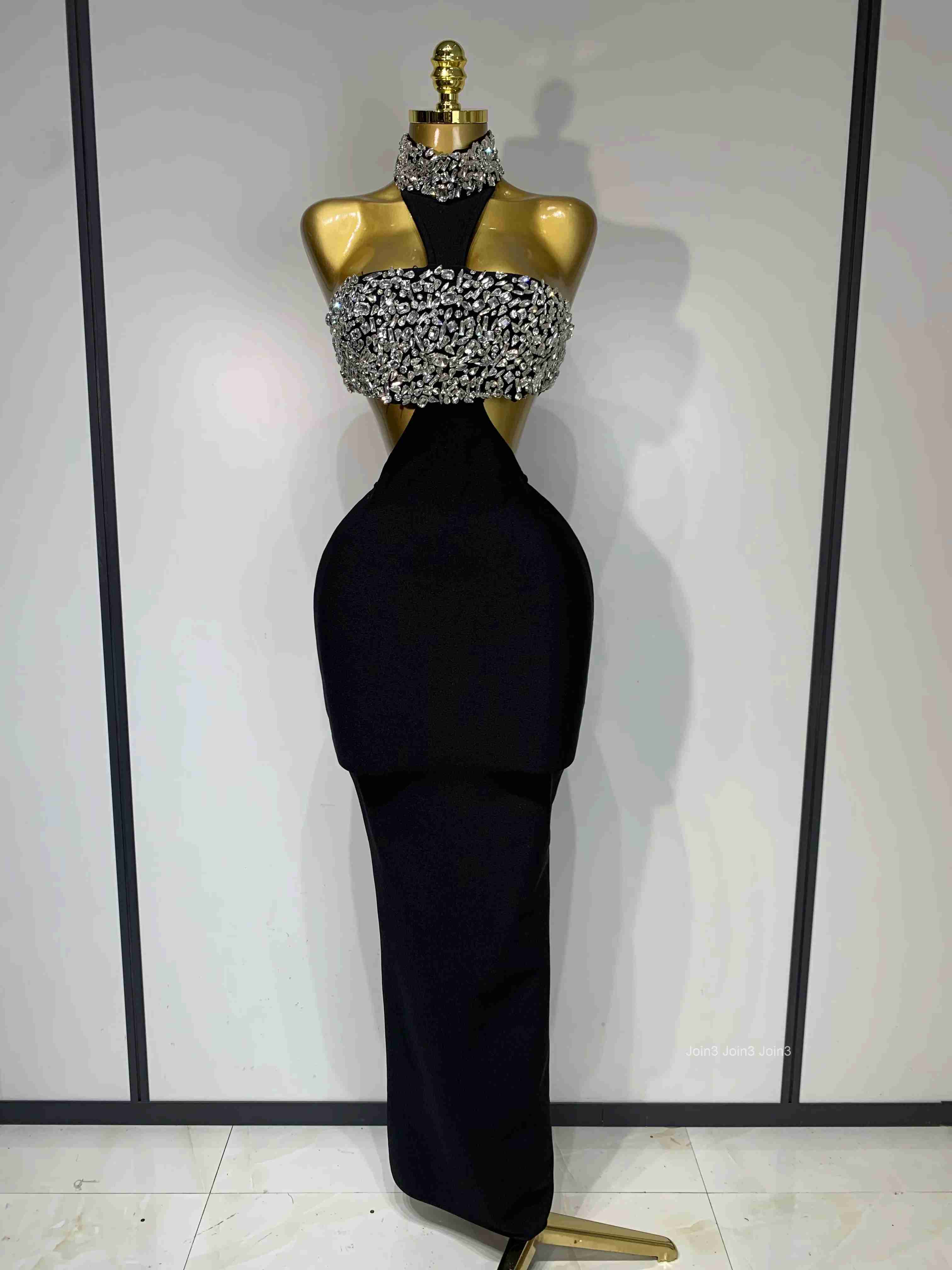 Women Sexy Backless Sparkly Crystal Diamonds Black Bodycon Bandage Dress Celebrity Elegant Evening Club Party Birthday Dresses