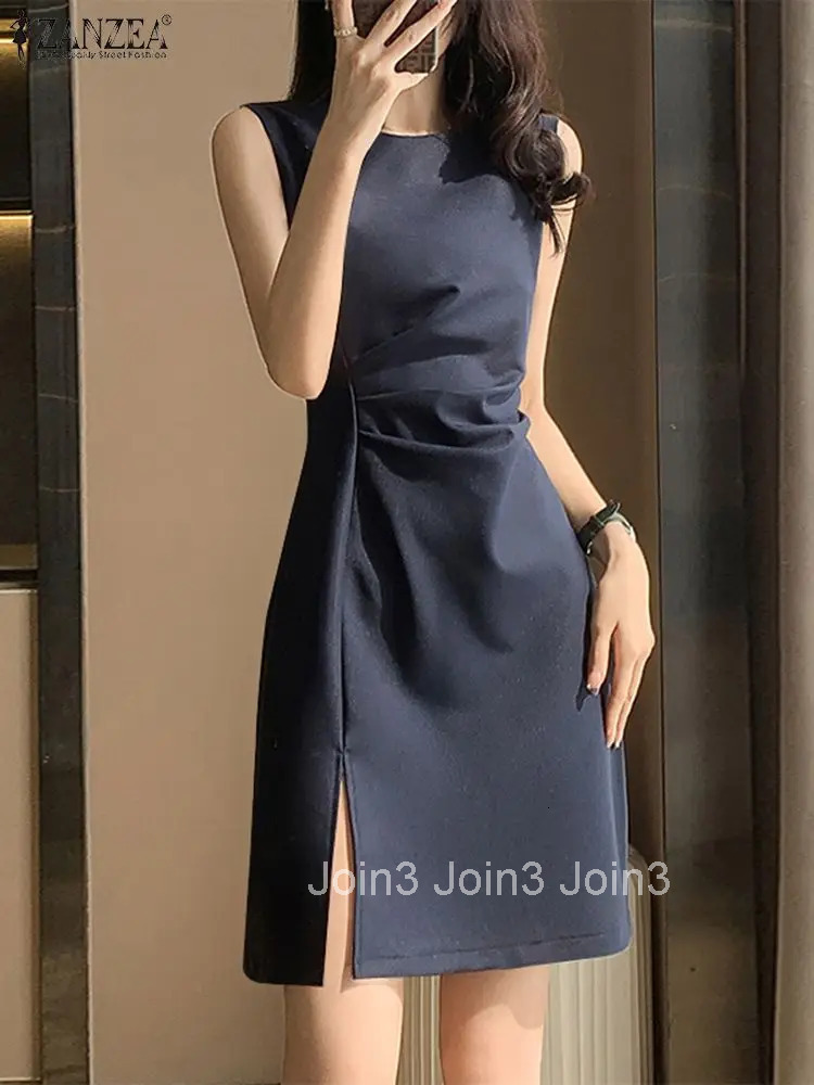 Elegant Mini Dress Summer Women Sleeveless O-neck Tank Dress Fashion Draped Short Robes Office Slit Hem Vestidos