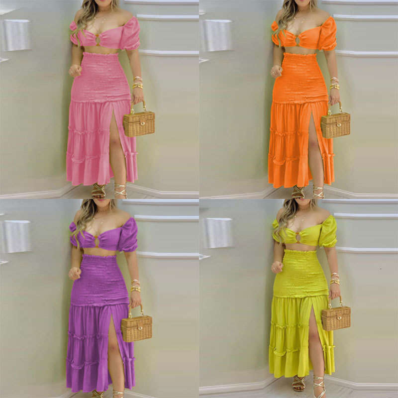 New Women's One-Shoulder Printed Sexy Slit Dress Fashion Set For Women 661 B5