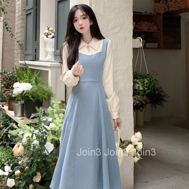 Solid Patchwork Square Neck Long Sleeve Fake Two Pieces Dresses Elegant Fashion Harajuku Female Clothes Casual All Match Skirt