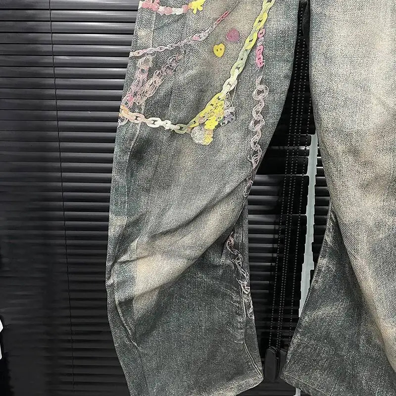 3D Retro Candy Chain Digital Printed Jeans Curved Knife Loose Denim Pants Slim Fit Straight Tube Y2k Streetwear Fashion 250806