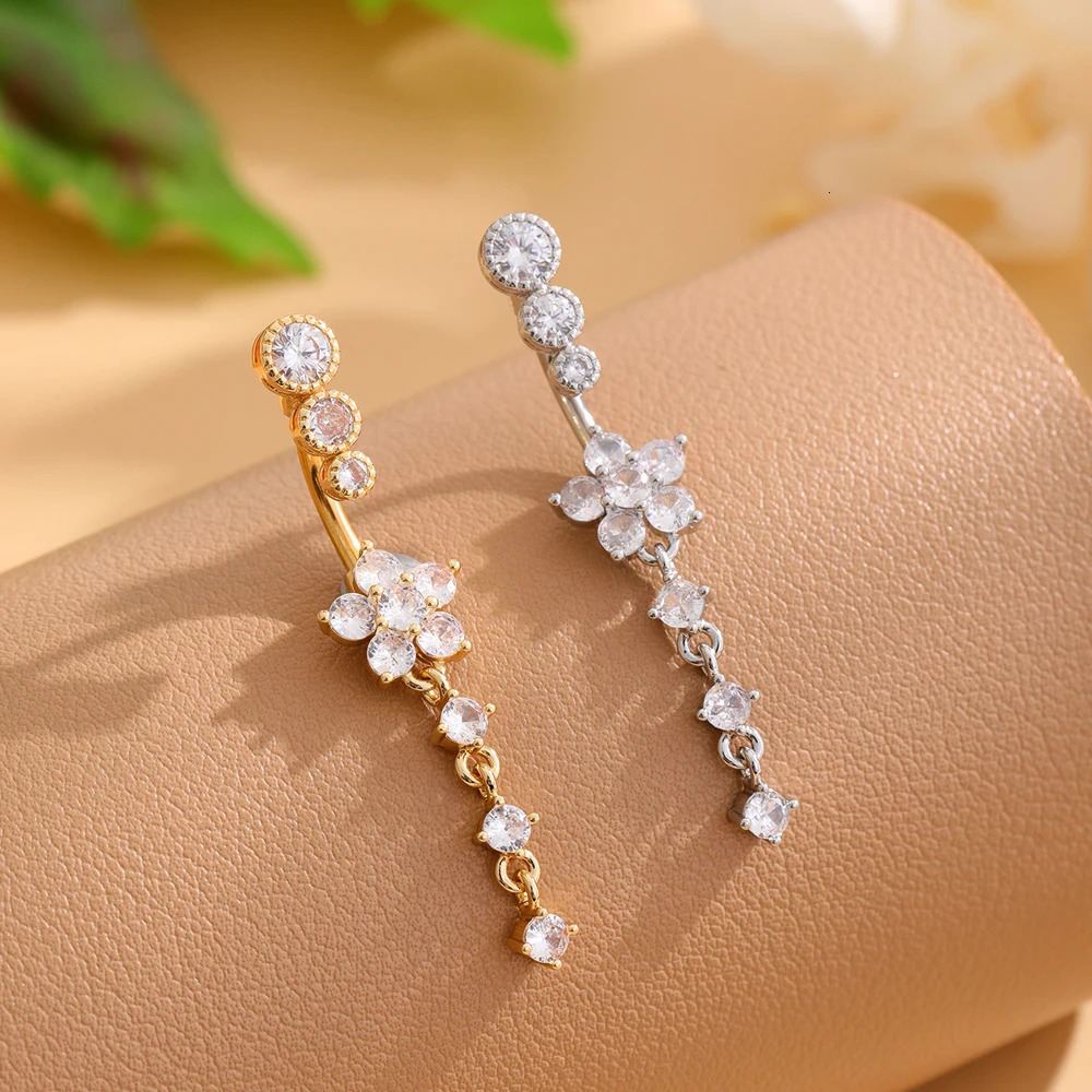 Gold Color Stainless Steel Belly Button Ring Long Dangled Flower CZ Crystal Navel Belly Piercing Rings for Women Sexy Jewelry 250805