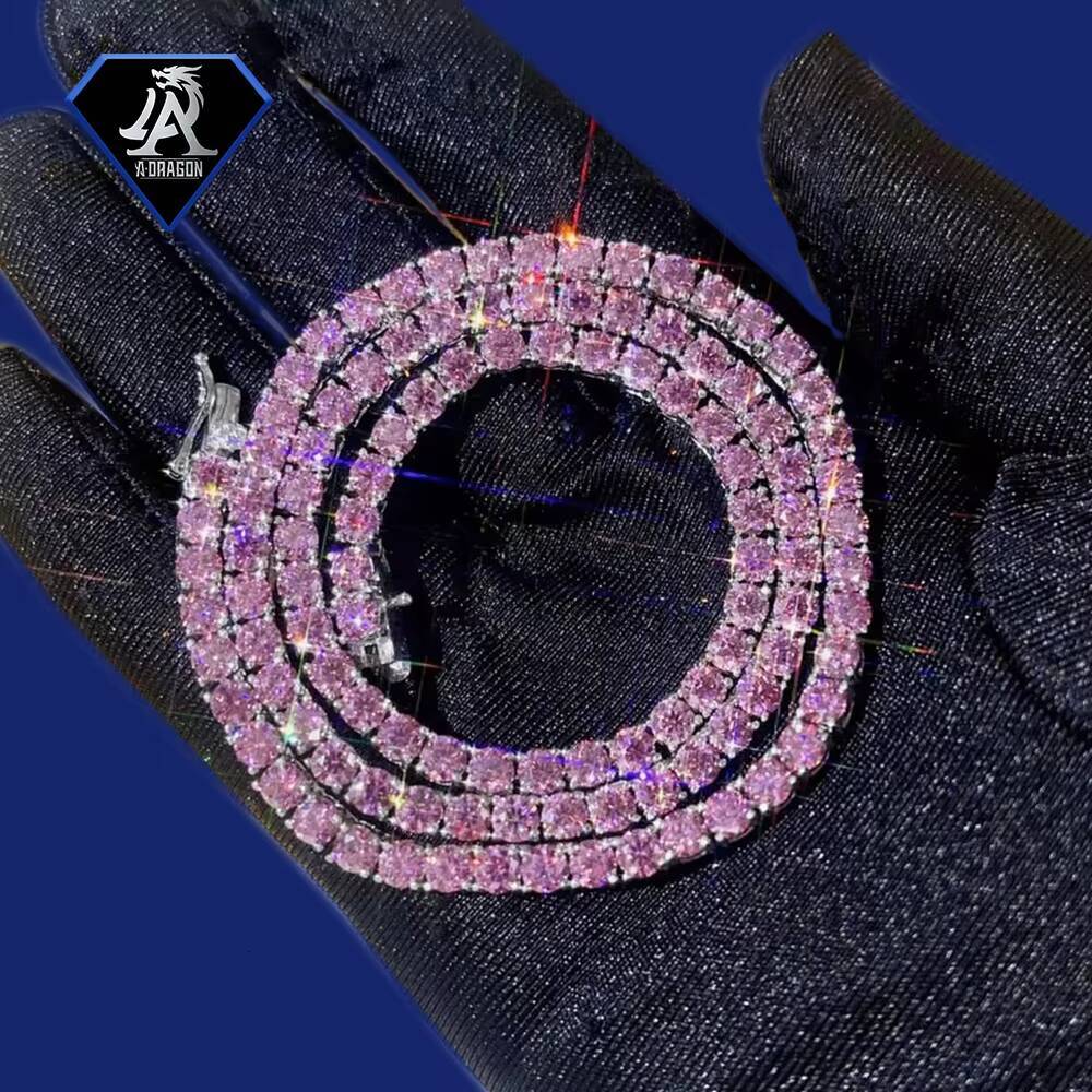 Hot Selling 2mm Sterling Silver Pink Moissanite Tennis Chain Set Includes Necklace and Bracelet for Hip Hop Fans