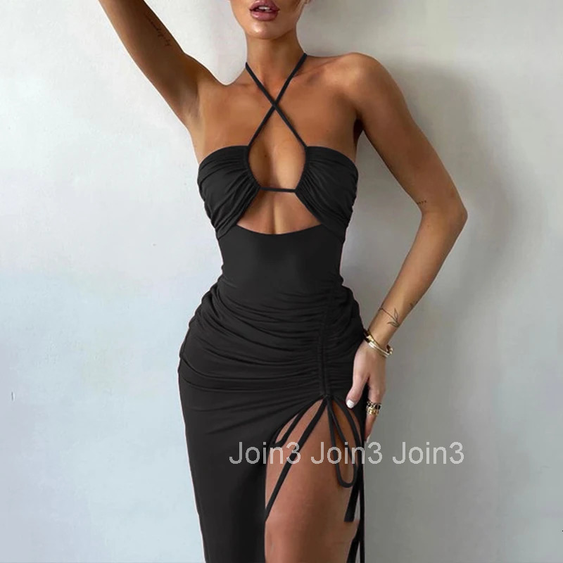 Summer Black Sexy Dress For Women Sleeveless Backless Hollow Out Party Dress Fashion Lace-up Halter Bodycon Elegant Split Dress