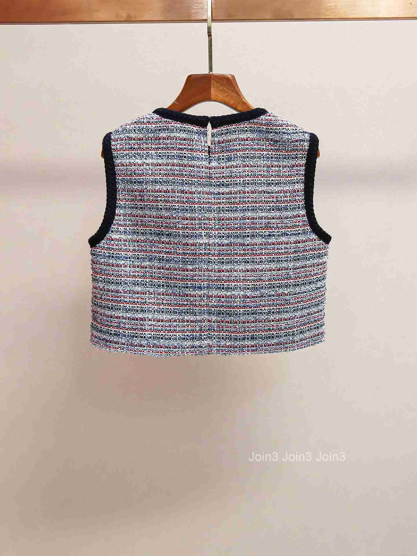 Vintage Tweed Womens Two-Piece Set Dress Round Neck Single Breasted Sleeveless Vest Top or Patchwork A-Line Short Robe