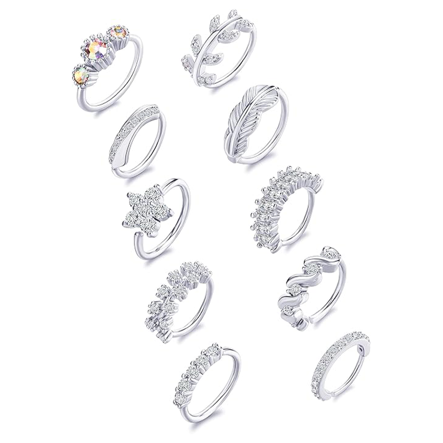 10Pcs Nose Ring Hoop Paved Flower Leaf Feather CZ Cartilage Earrings Nose Piercing Jewelry for Women Men Silver Tone 20G
