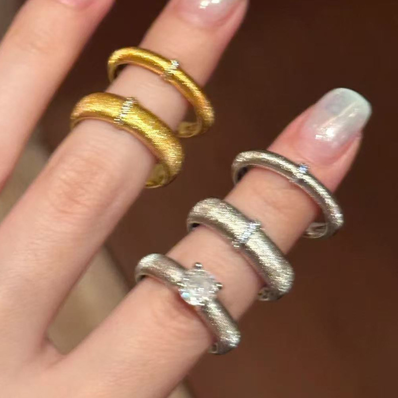 Hui Zhi Wing Jewelry Brushed Rings Handmade Micro Inlay S Silver Gold Plated Couple Stackable Wide Narrow Style