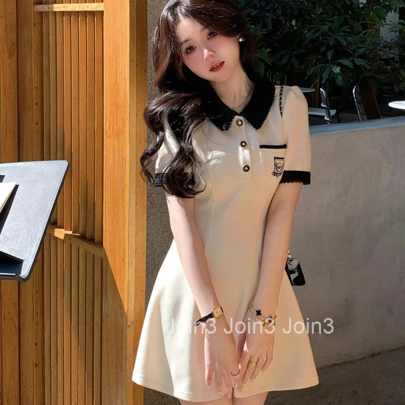 Polo One Pieces Korea Contrast Color Womens Dress With Collar Summer Sweet College Sundress Y2K Short Sleeve Mini Skirt Kpop