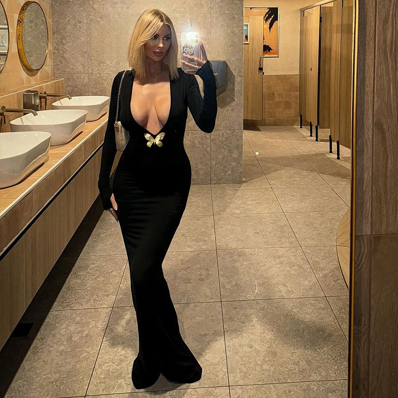 2025 European and American style summer new trend women's S solid color deep V high waist mermaid dress elegant dress wholesale new designer dres